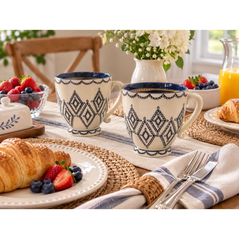 Set of 2 Starbucks Mugs 2002 Black Lace Design Blue Interior